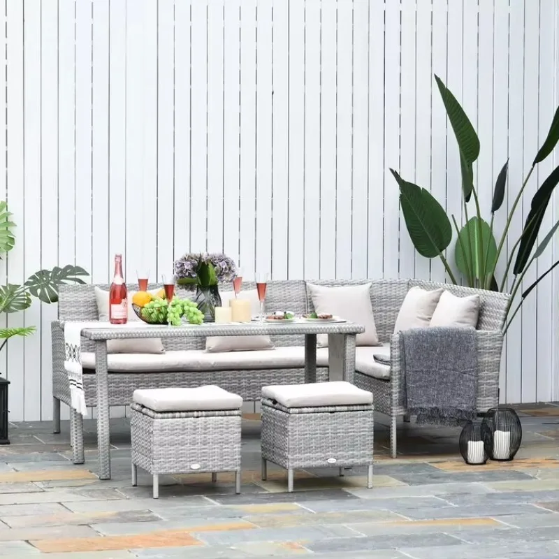 All Weather Outdoor Patio PE Rattan Wicker Corner Sofa Set Aluminum Frame with Cushions for Garden Balcony