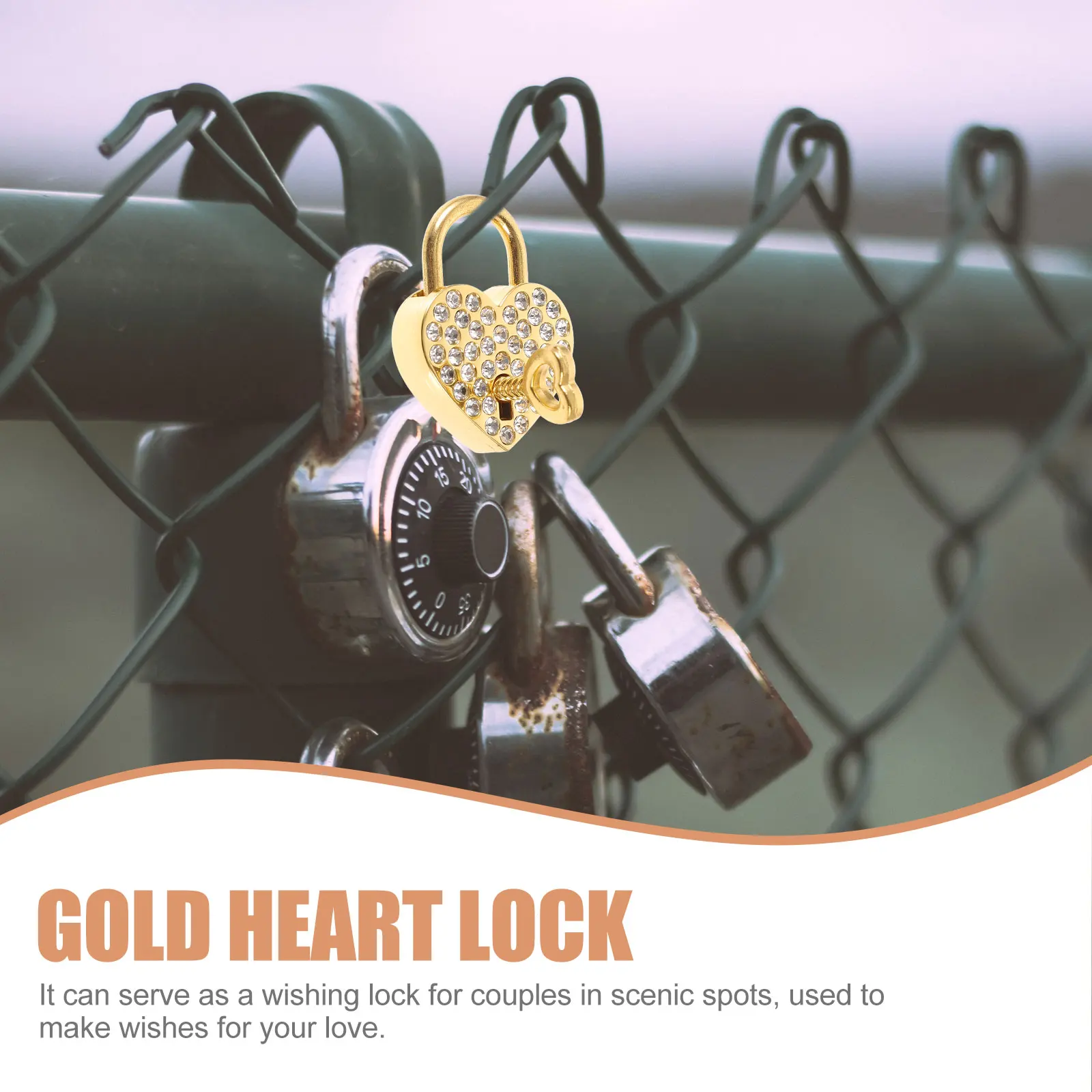 

2Pcs Heart Shaped Padlock Keys Rhinestones Small Locks Golden Love Lock for Luggage Diary H bags Decorative Wishing Couples