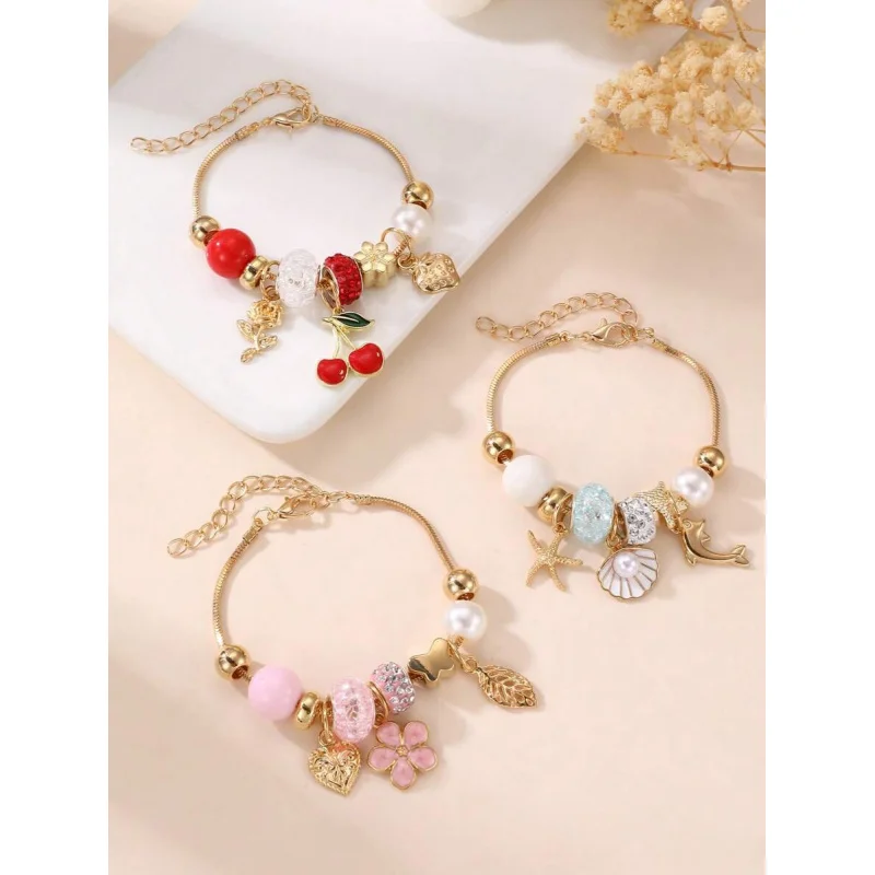 1pc or 3pcs Girls‘ Charm Bracelet Set with Shell, Pentagram, Flower, Starfish & Cherry. Cute Mix & Match Gift.