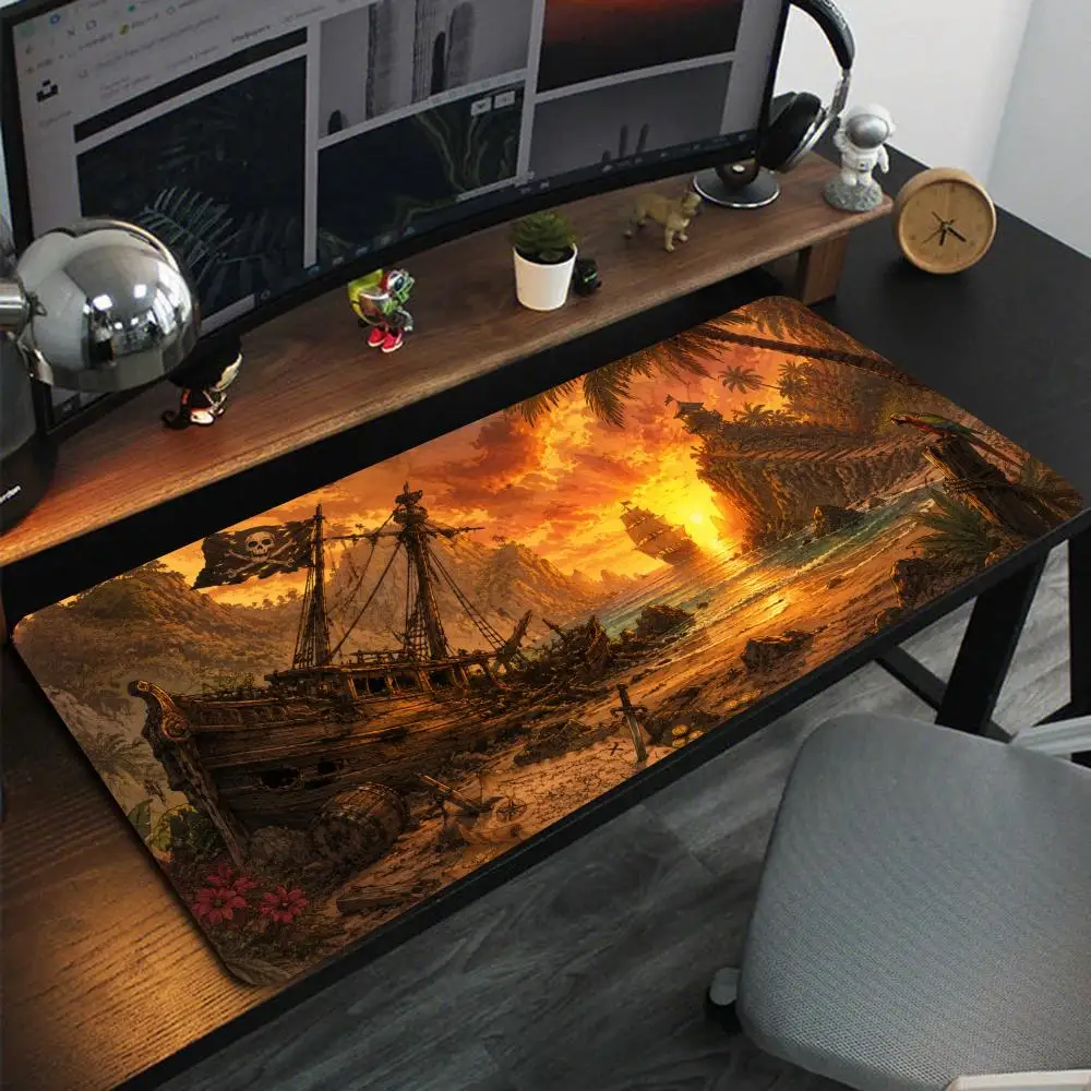 Pirate Wrecked Ship Treasure Island Sunset Beach Parrot Seascape Extra Large Non-Slip Extended Rubber Gaming Desk Mouse Pad