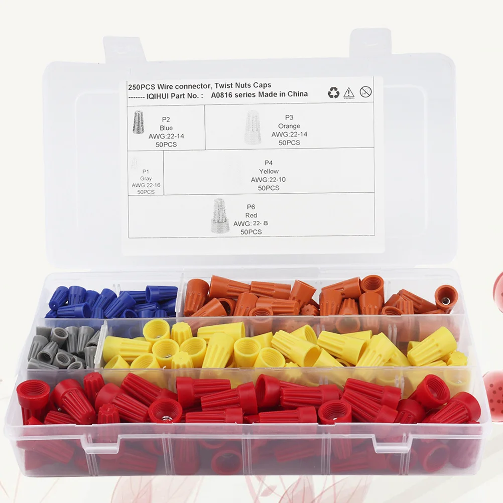 

250Pcs Electrical Wire Connector Kit Durable PVC Insulating Plastic Screw Terminals Spring Insert Nuts Caps Home Wiring Lighting