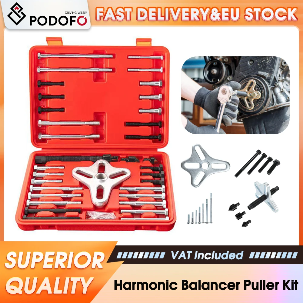 Podofo Kit de 46 pièces pour équilibrage harmonique et démontage de volant, avec 14 écrous noircis et 20 accessoires zingués, outil multifonction pour démontage de volant moteur pour réparation automobile