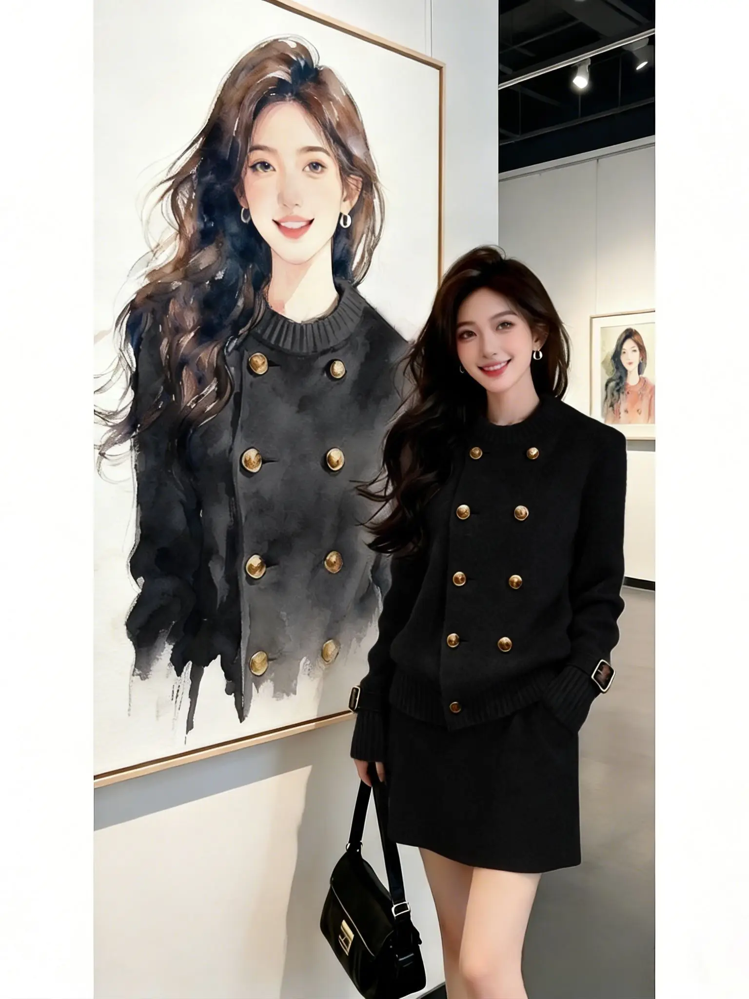 Anti-Aging Korean Style Miu Rich Girl Small Fragrance Wind Autumn Winter Fashion Set High Waist Short Skirt Long Sleeve Doubl...