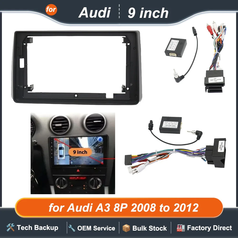 Dashboard Panel Frame for Audi A3 8P 2008 to 2012, Radio Wiring Harness Adapter, CAN Bus Decoder, for 2DIN 9