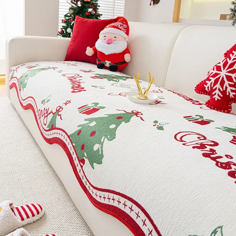 Christmas Printed Chenille Sofa Cushion Irregular Anti-Slip Couch Slipcover for All Seasons Soft Anti Cat Scratch Dust Covers
