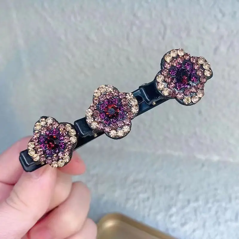 1-4PCS Sparkling Crystal Stone Hair Clips 3 Flower Diamonds Barrettes For Women Girls Sweet Rhinestones Braided Duckbill Hairpin