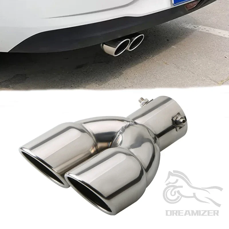 

63mm Car Exhaust Pipe Universal Double Outlet Car Muffler Tip Stainless Steel Chrome Silver Rear Muffler Tip Tail Throat