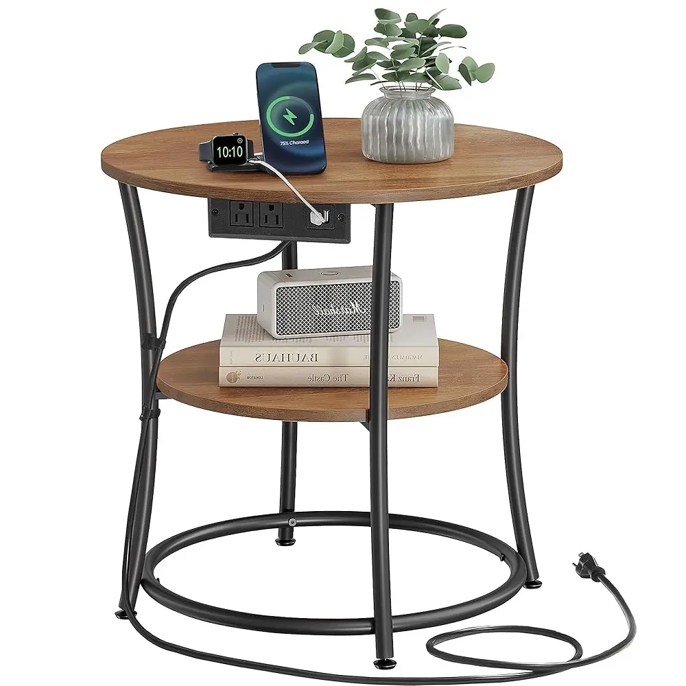 

Круглый приставной столик 21,7 дюйма, 2-уровневый прикроватный столик, тумбочка со стальным каркасом, просторная столешница, для небольших помещений, гостиной, спальни