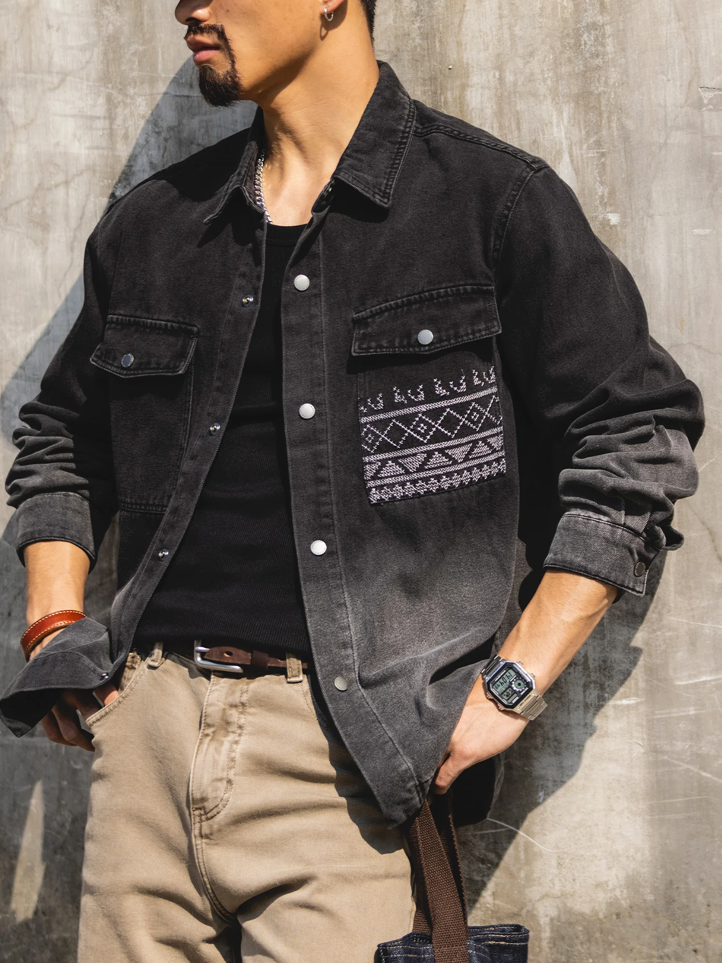 Retro American Gradient Denim Shirt Men's Autumn New Ethnic Embroidery Pocket Workwear Shirt Khaki Jacket Loose Fit Long Sleeve