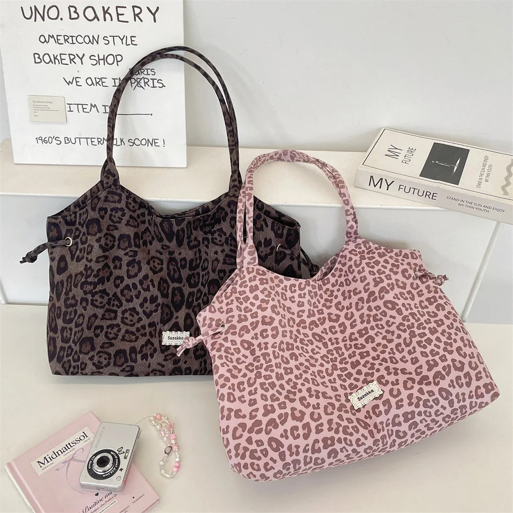 Korean Style Leopard Pattern Fabric Shoulder Tote Bag  Drawstring Large Capacity Lightweight Hobo Bag For Shopping Travel