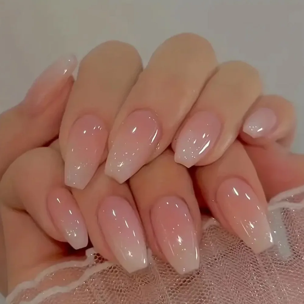 24pcs/set short fake nails gradient nude pink jelly glossy square ballet french tips Reusable faux ongles press on false nail