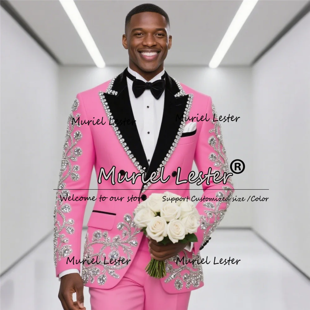 

Male Fashion Beaded Stones Suits For Wedding Black Peaked Lapel Prom Tuxedos Customized 2 Pieces Groom Business Occasion Suit