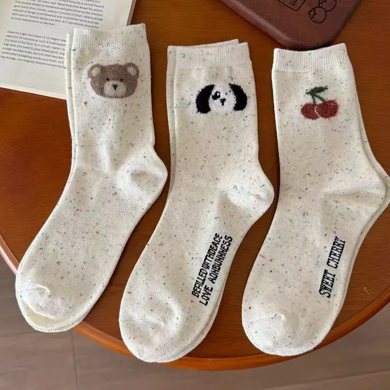 5 Pairs of Socks in Random Colors, Solid Color, Ins Style, Cute Bear Pattern, Dopamine Academy Style, Mid-Calf Socks for Girls, Great Gift Idea