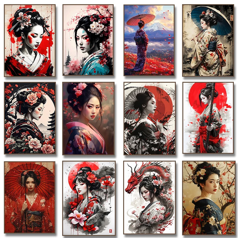 Japanese Classic Geisha with Umbrella Posters and Prints Modern Art Canvas Painting Wall Art Picture Living Room Home Decor