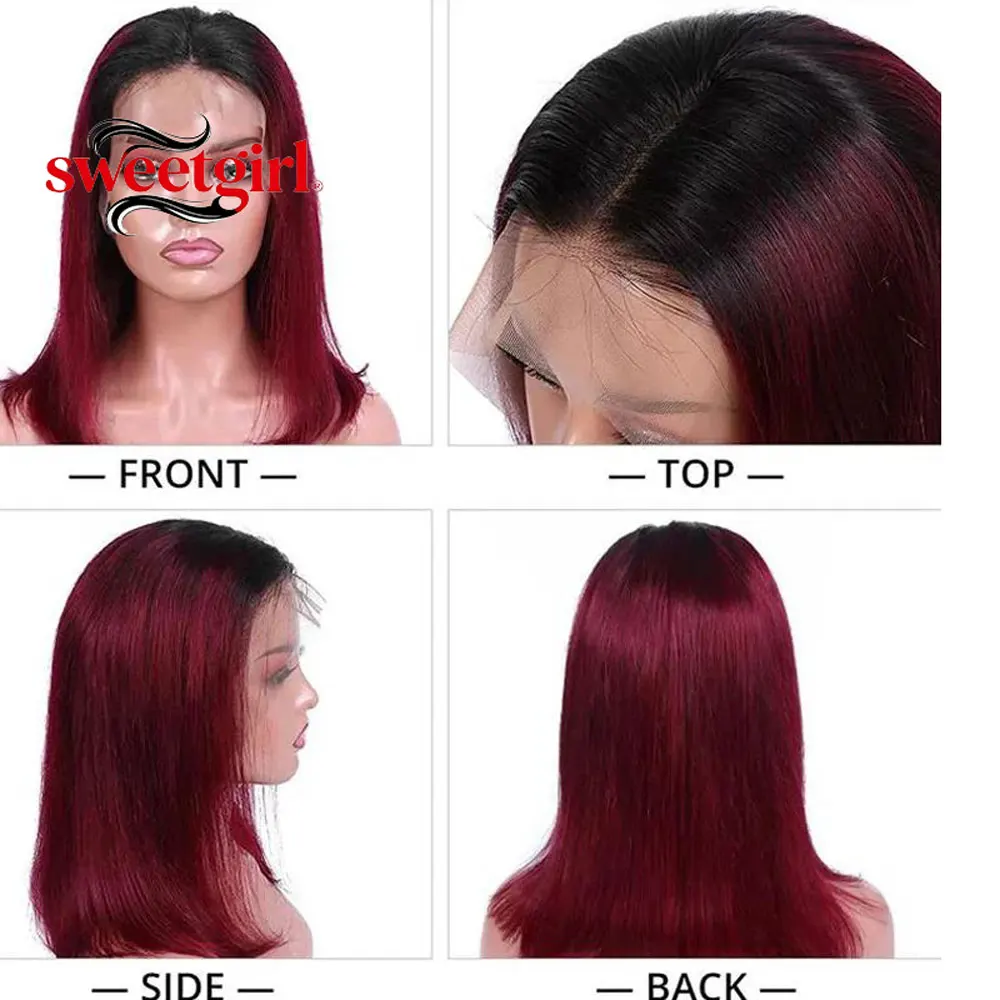 1B/99J Straight Short Bob Lace Front Wig 100% Human Hair Burgundy 16 Inch 4x4 Lace Closure Wig 180 Density For Women