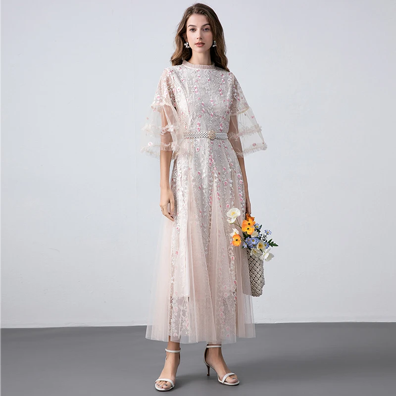 High Qulity Women O Neck Flower Embroidery Mesh Long Clothes Luxury Autumn Pink Ruffles Flare Sleeve Pearl Belt Party Dress Robe