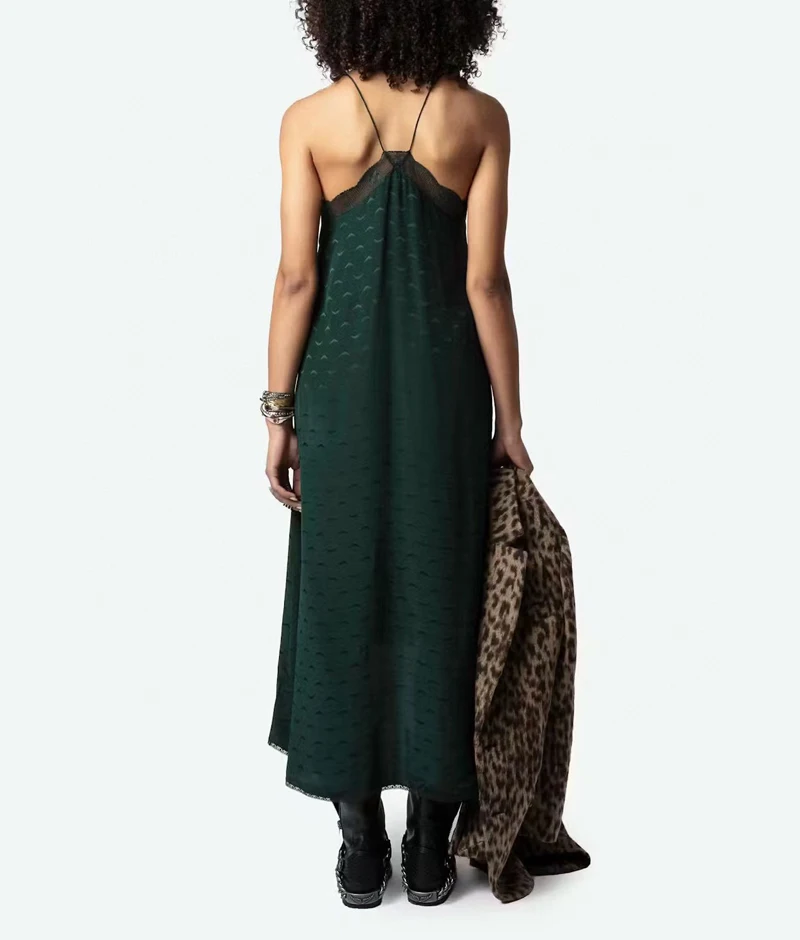 Cross-border e-commerce WinnerZ&@V new Alice dark green silk satin glossy wings jacquard silk romantic long sling