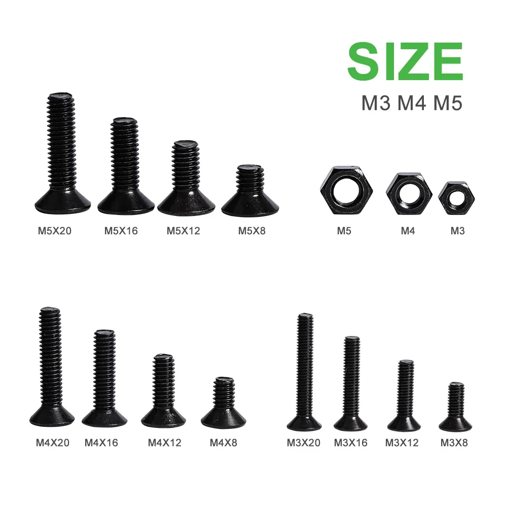 425 Pcs M3 M4 M5 Hex Socket High Quality Black Flat Head Countersunk Bolts Screw Nut Assortment Kit-10.9 Grade Alloy Steel Set