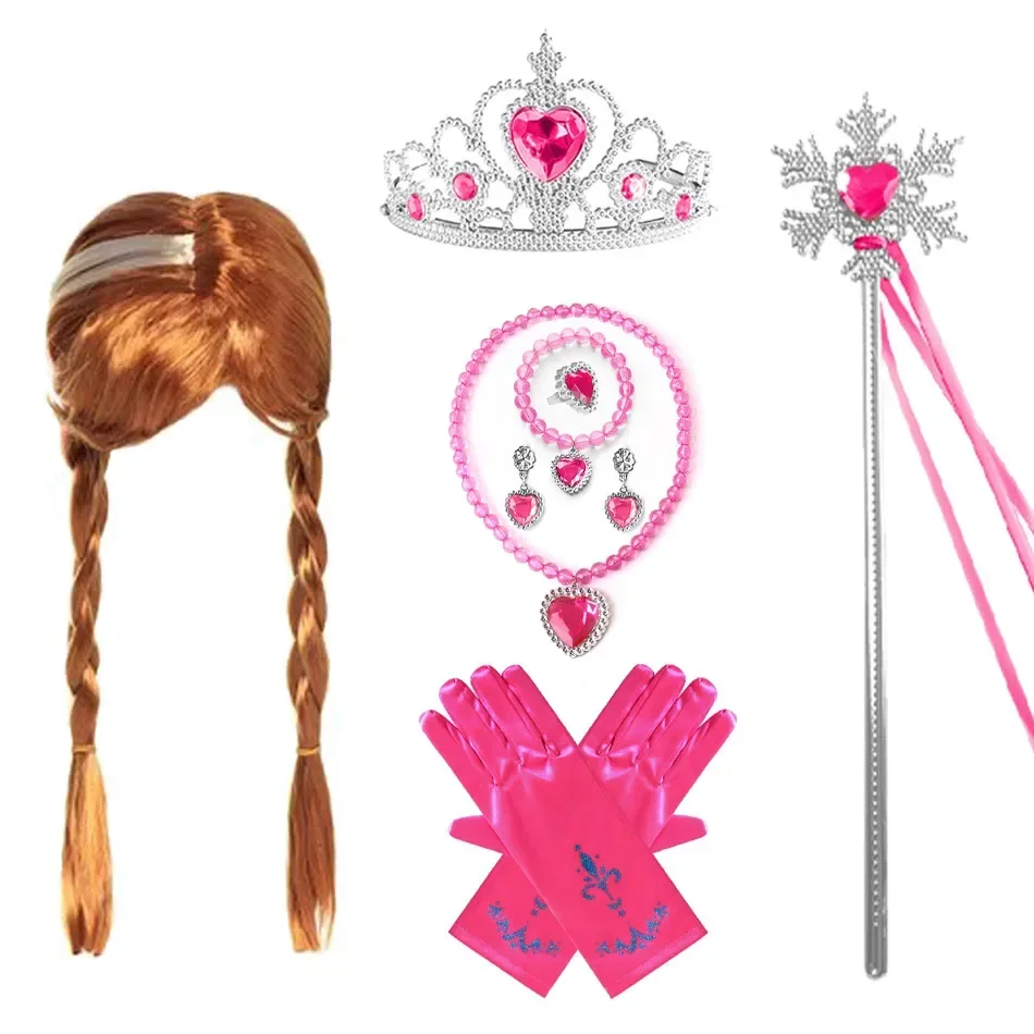 New Halloween Party Cosplay Costume Accessories Girls Anna Elsa Wig Braid Princess Crown Gloves Magic Wand Necklace Jewelry Set