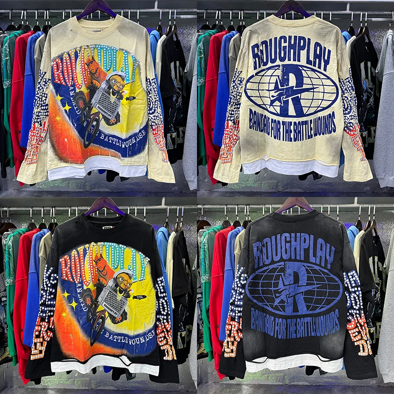 

American Street RoughPlay Long Sleeve Street Alien Letter Print Vintage Washed Patchwork Distressed Unisex Long Sleeve T-Shirt