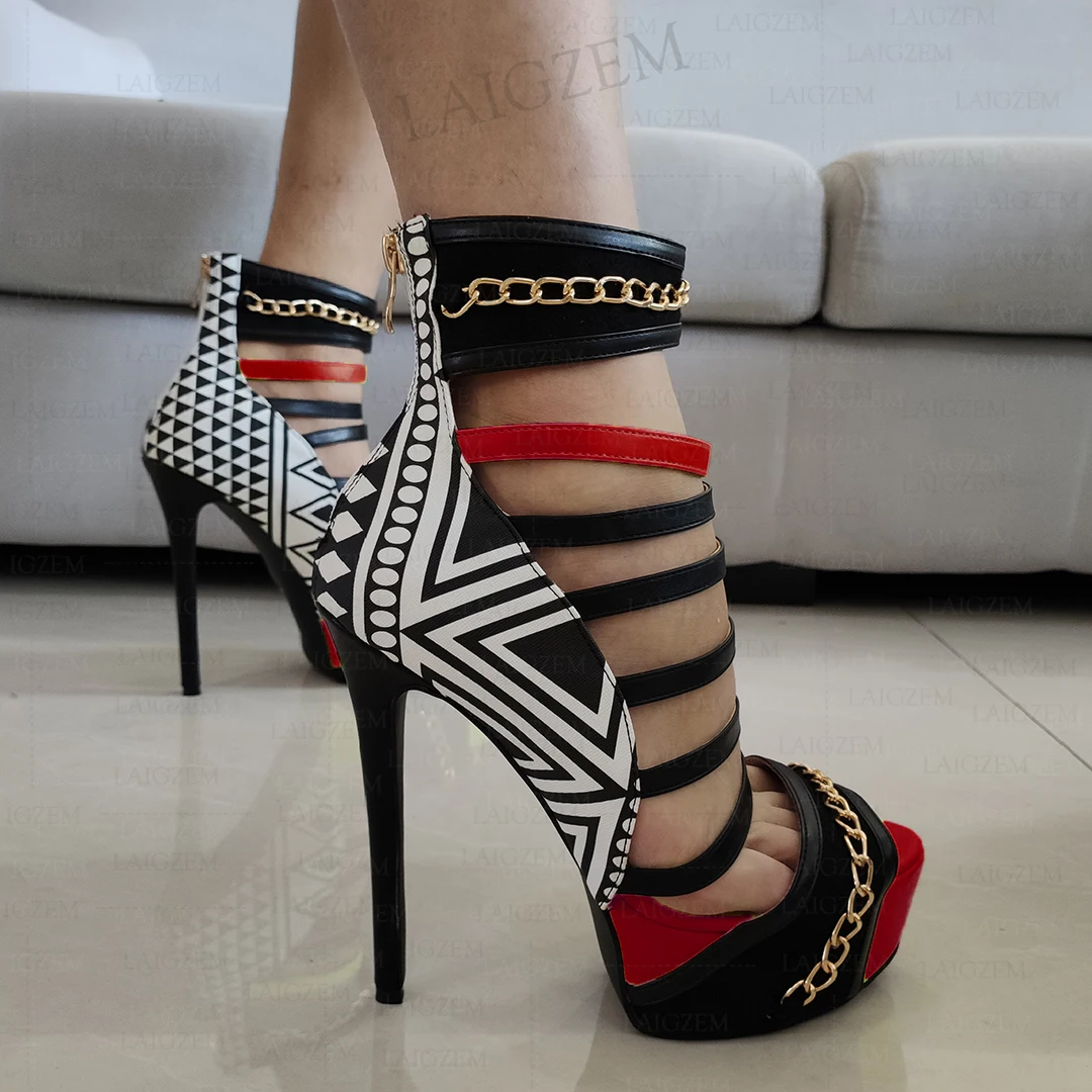 LAIGZEM Women Platform Sandals Back Zip Stiletto High Heels Pumps Multi Colors Prom Ladies Shoes Woman Big Size 41 43 44 46 52