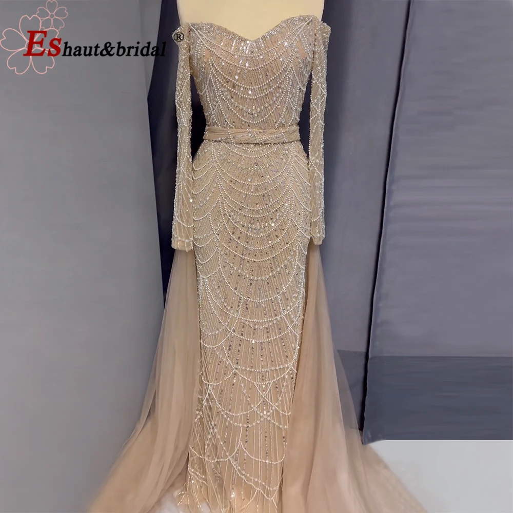 Luxury Pearls Evening Dress for Women 2024 Off the Shoulder Long Sleeves Formal Prom Wedding Party Gowns with Detachable Train