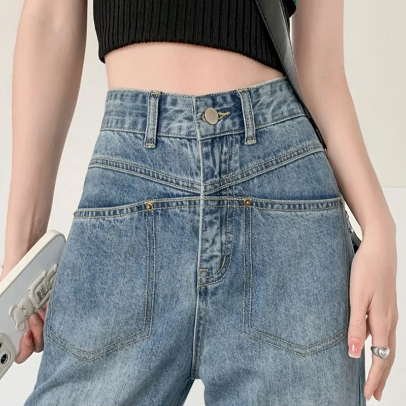 

Широкие джинсы с высокой талией в стиле ретро, женские летние новые утягивающие брюки больших размеров, узкие прямые брюки длиной до пола