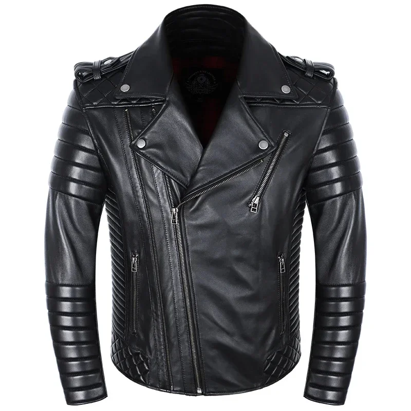 Perfecto-Veste en cuir de mouton véritable pour homme, manteau de motard moulant noir, manteau masculin mince, automne, printemps, nouveau, 2025