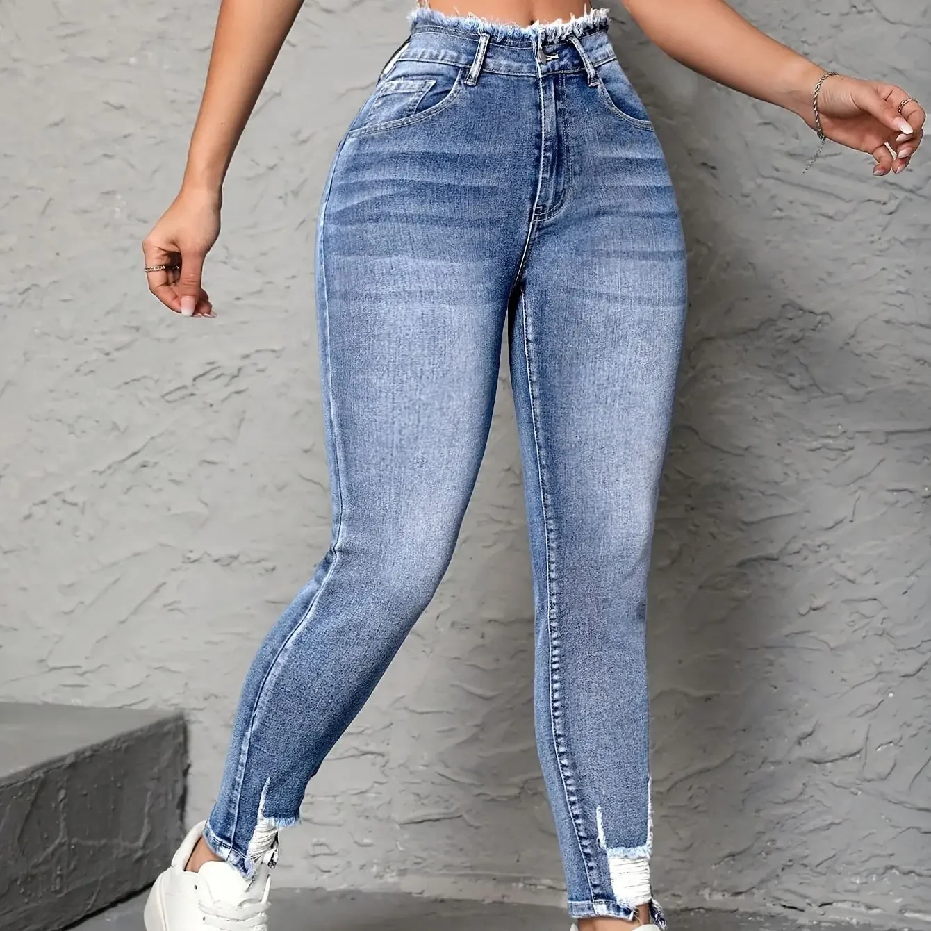 Celana Jeans Y2k Wanita Vintage Distressed Ripped High Waist Skinny Stretch Denim Retro Street Fashion Trend