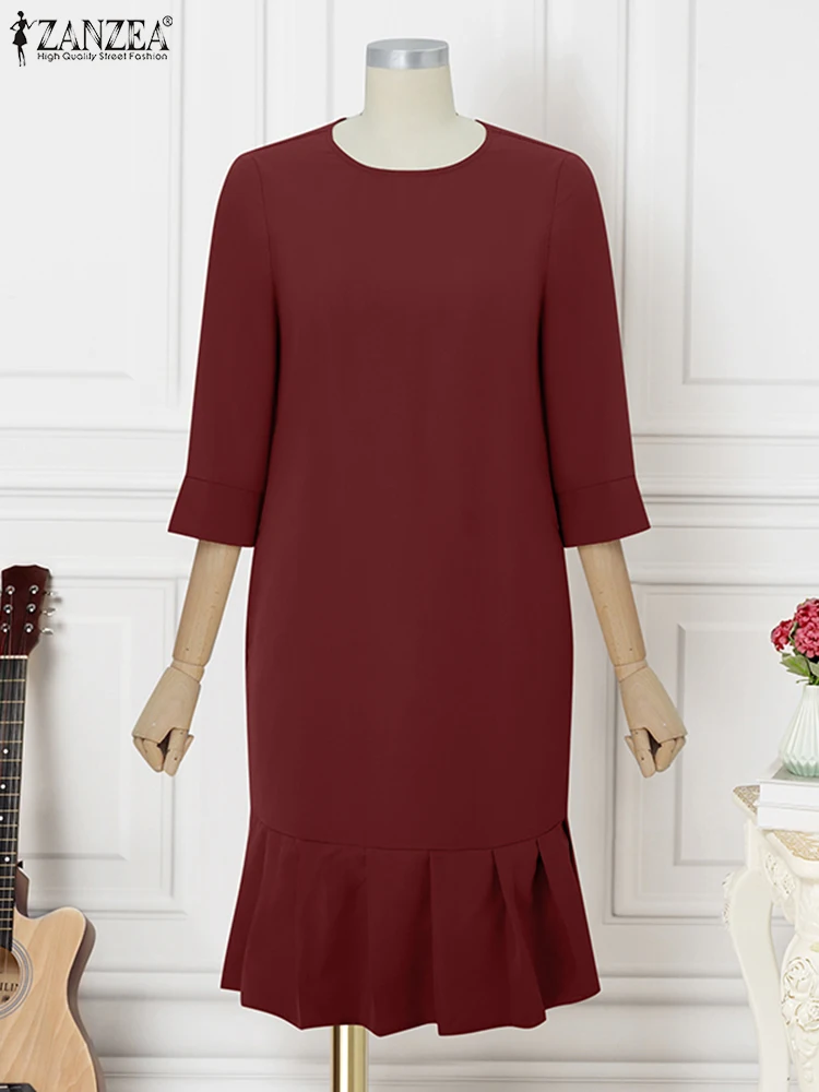 

ZANZEA OL Work Sundress Women Elegant Mid-Calf Dress ZANZEA 2025 Solid Color Short Sleeve Ruffled Vestidos Casual O Neck Robe