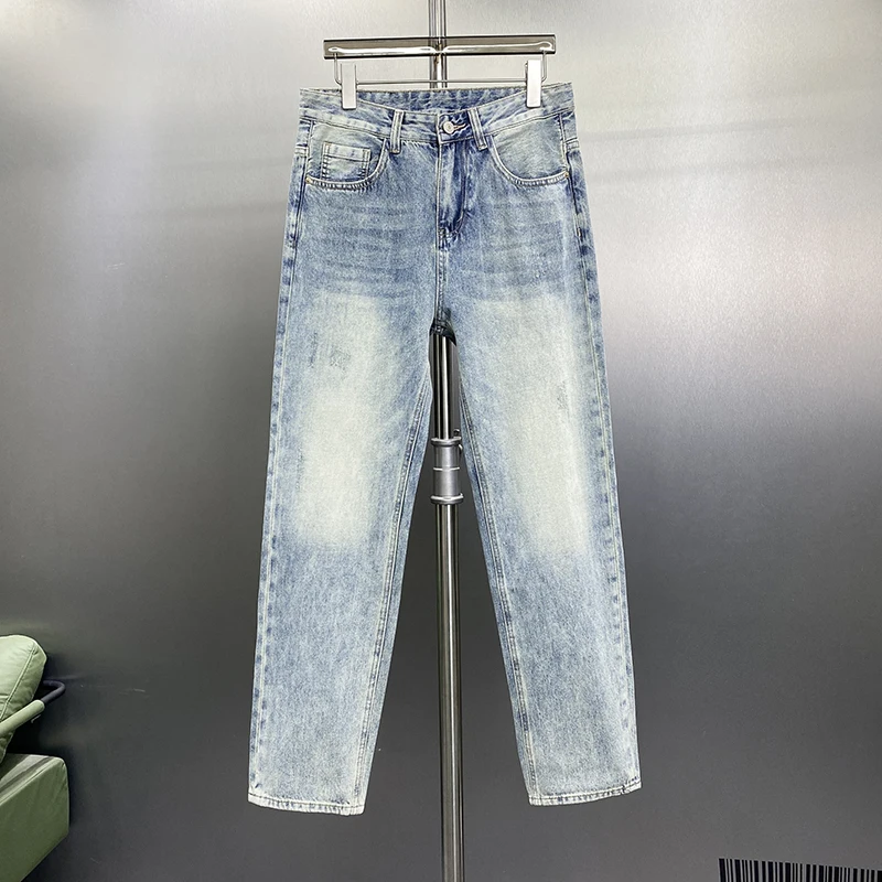 Thin section of light blue jeans high end trend loose straight pants spring and summer models casual versatile pants men