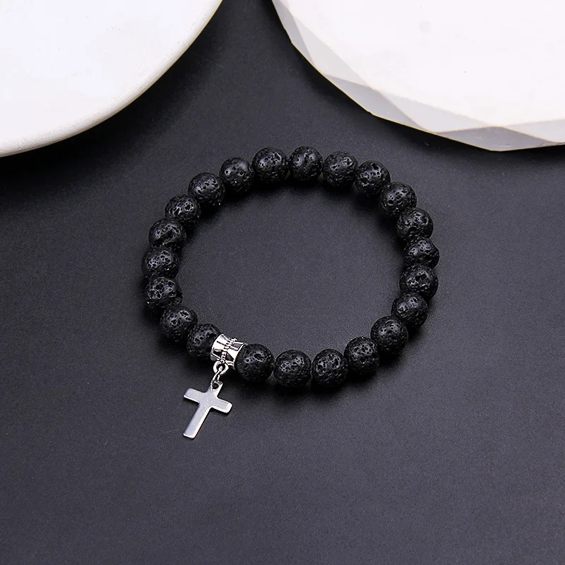 Cross Pendant Marble Beads Lava Beads Natural Stone Beads Beaded Bracelet Men Women Prayer Meditation Bracelet