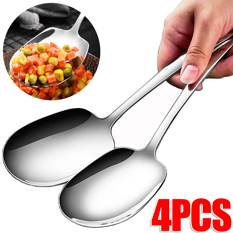 

1/4pcs Large Stainless Steel Spoon Thicken Home Dinner Public Spoon Long Handle Soup Spoons Round Head Buffet Serving Tableware