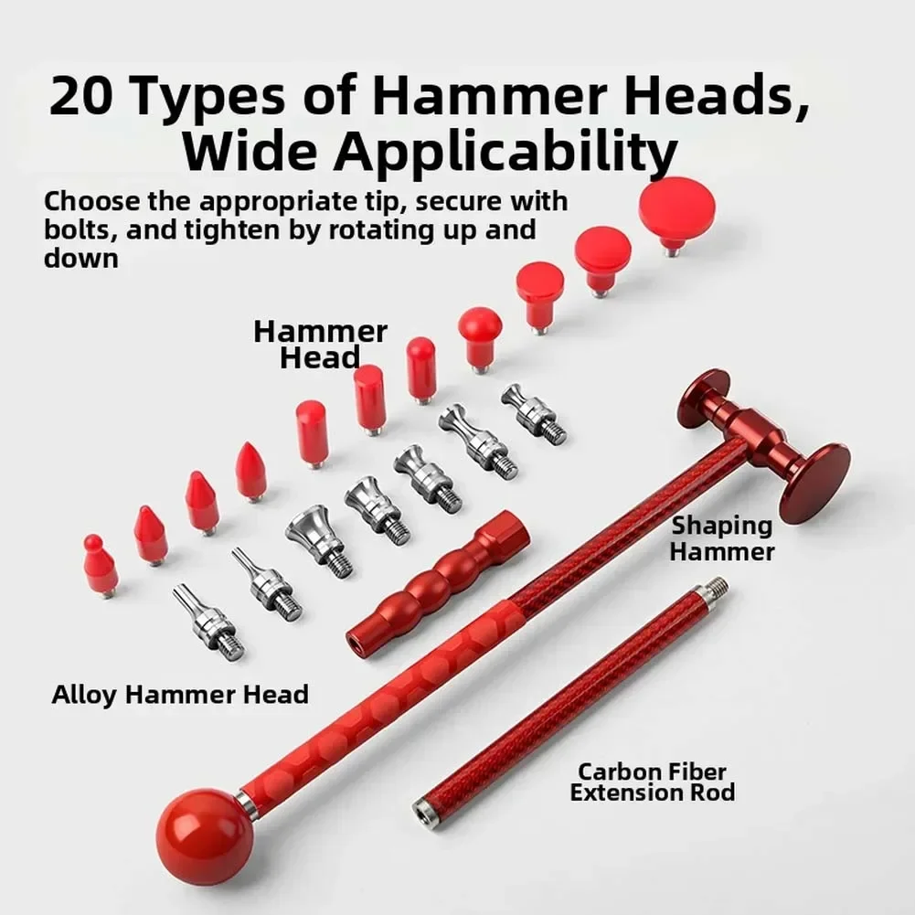 Car Dent Repair Tools Carbon Fiber Auto Dent Seamless Repair Kit Hammer With 20 Interchangeable Heads For Repairing Dents