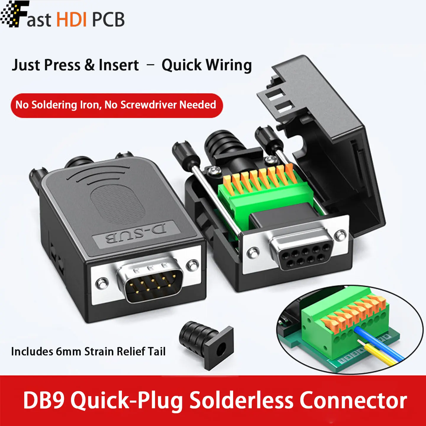 DB9 Solderless Connector Male Female Quick Push-In 9 Pin RS232 Serial Port Adapter with Gold Plated Pins for PLC CNC Industrial
