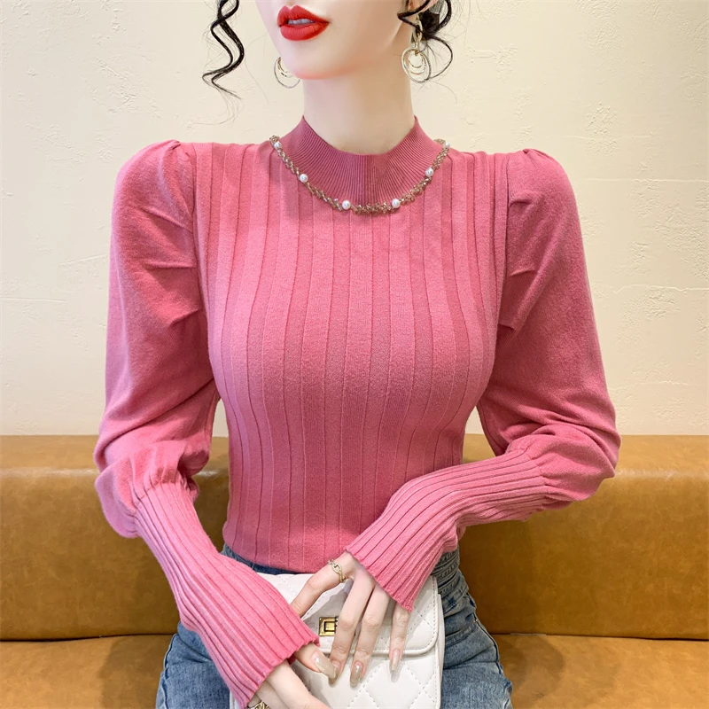 

2025,New,Fall,Wintter,European,Clothes,Knitted,Sweater,Women,Chic,Sexy,Mock Neck,Shiny,Beading,Tops,Lantern Sleeve,Pullover,4116
