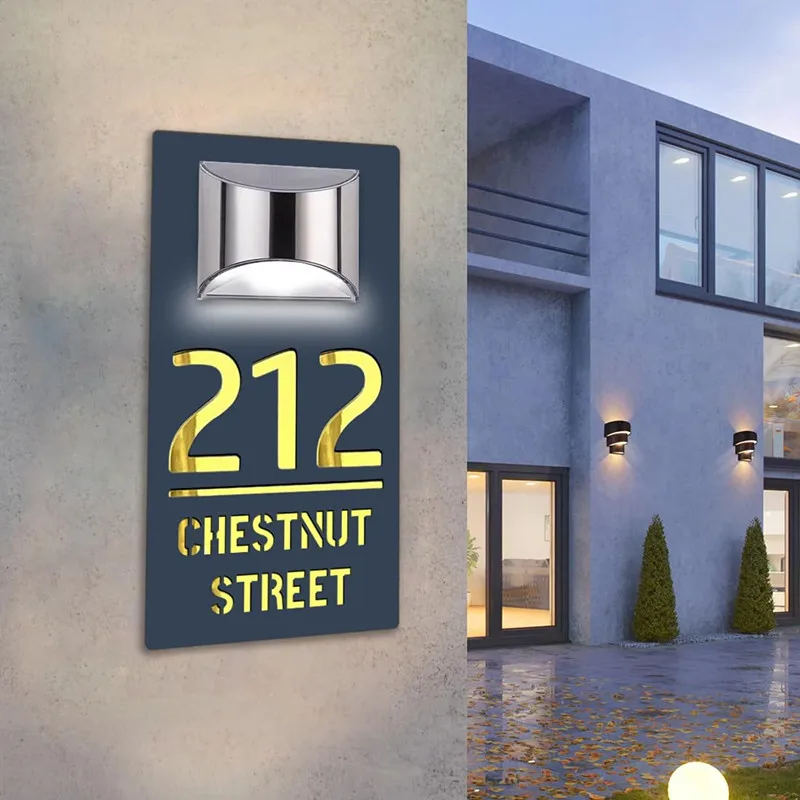 Solar House Number Sign Laser Cut Door Number Address Name Plaque Custom Outdoor Home Numbers Street Name LED Modern House Signs