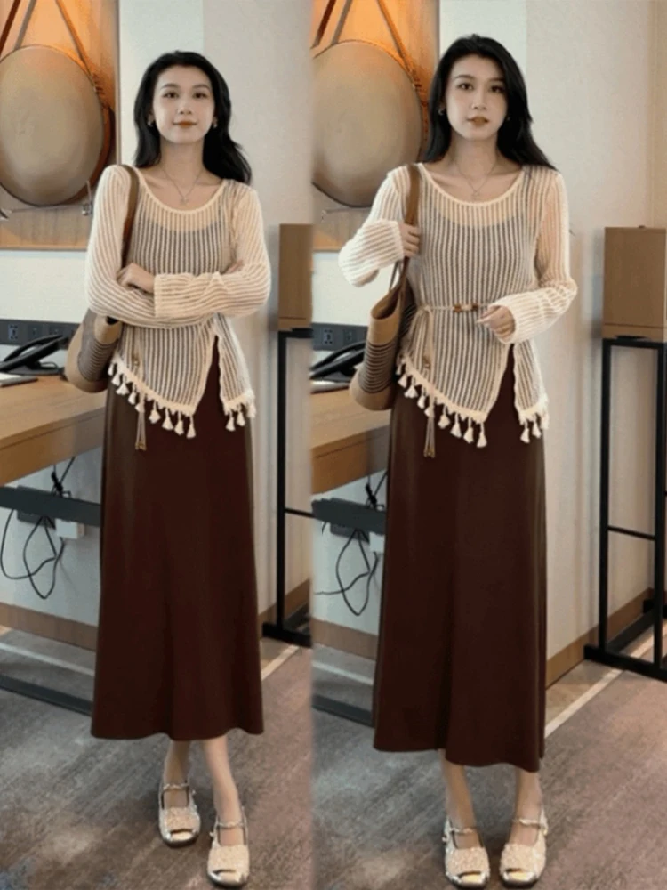 Early Autumn Faion Knitted Hollow out Women's Set with Strap Dr And Top Two-Piece Ensemble Polyester Long Sve round Ne