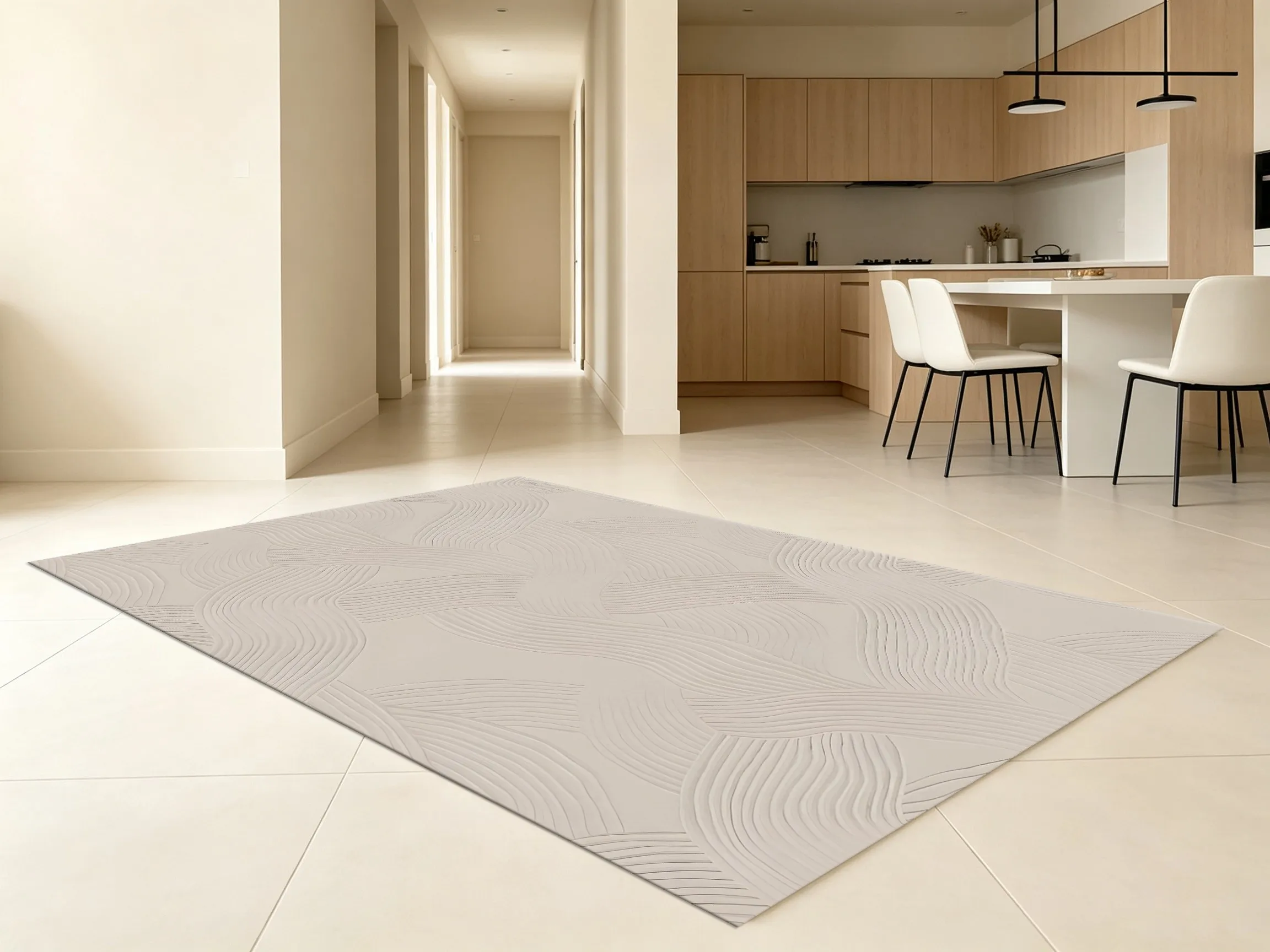 Velvet Rug Creamy Apricot Interlaced Curved Wave Pattern Wabi Sabi Style for Living Room Bedroom Decor