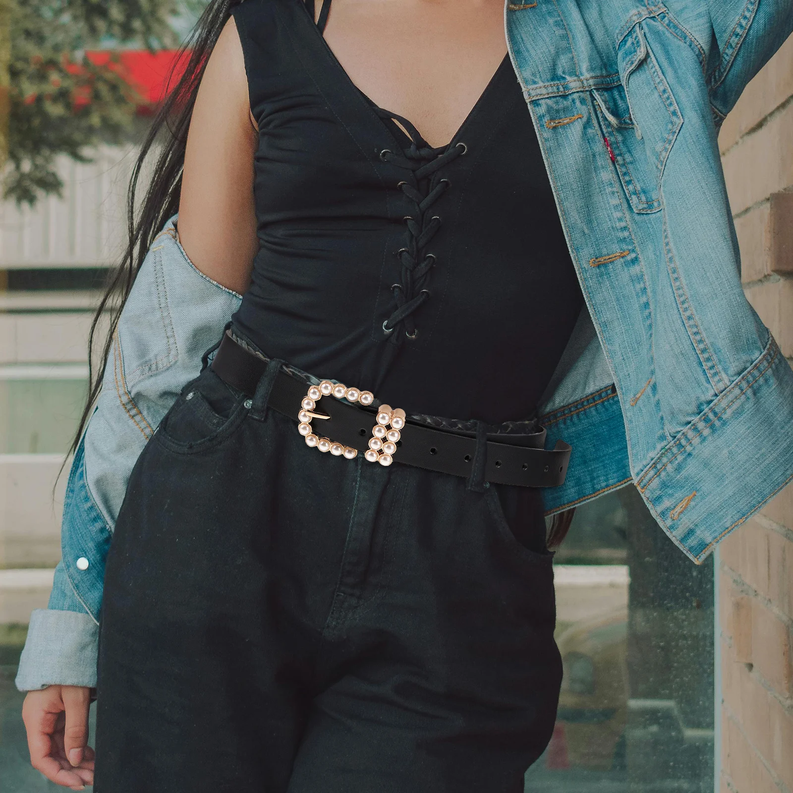 حزام بإبزيم لؤلؤي للنساء، حزام خصر أنيق قابل للتعديل من البولي يوريثان، فستان زفاف، جينز للسيدات