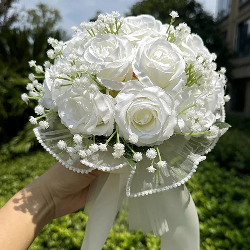 Ramos de boda para novia, ramo de rosas artificiales de seda para novia, ramo de flores de encaje con perlas para decoración del Día de San Valentín