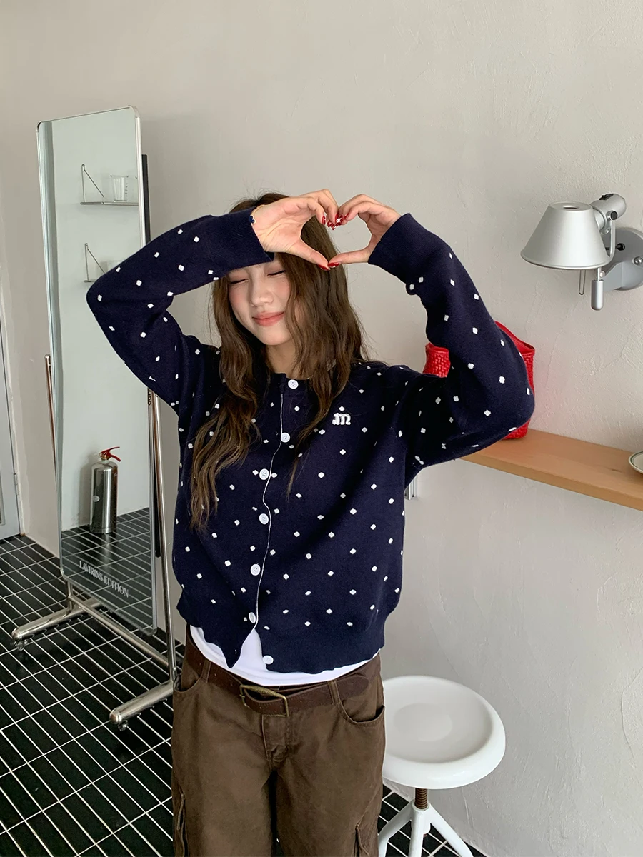 

Soft Orange Tree Knitted Long Sve Women's Cardigan Polka Dot Casual Sle Autumn Gentle Wind Slimming Versatile Top