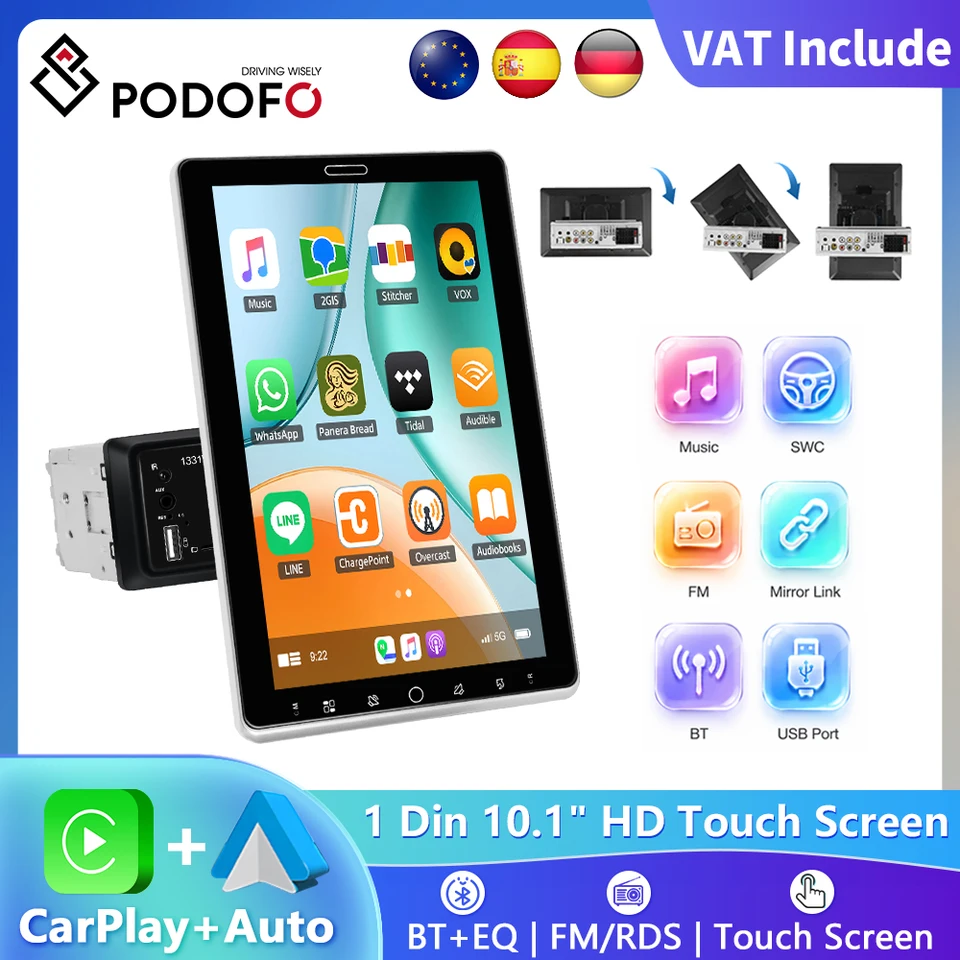 Podofo Radio Coche 1 DIN 6.86" Con CarPlay, Android Auto, Cámara Trasera, Bluetooth Y Control Remoto