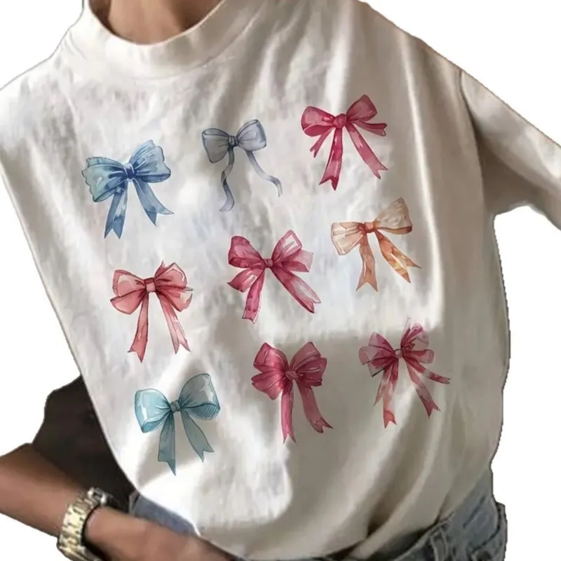 

2026 New Style Cotton Women's T-shirts Print Colorful Bow Tie Unique Short Sleeved For Woman Y2k Outdoor Street Elegant Tops