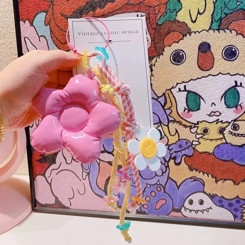 Handmade Macaron Big Flower Keychain Sweet Pendant Nylon Braided Rope Fashionable Bag Charm Colorful Bag Pendants