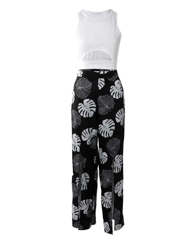 Conjunto informal de 2 piezas para mujer, camiseta sin mangas con aberturas, pantalones de pierna ancha divididos con estampado Tropical, traje de dos piezas para vacaciones, ropa femenina