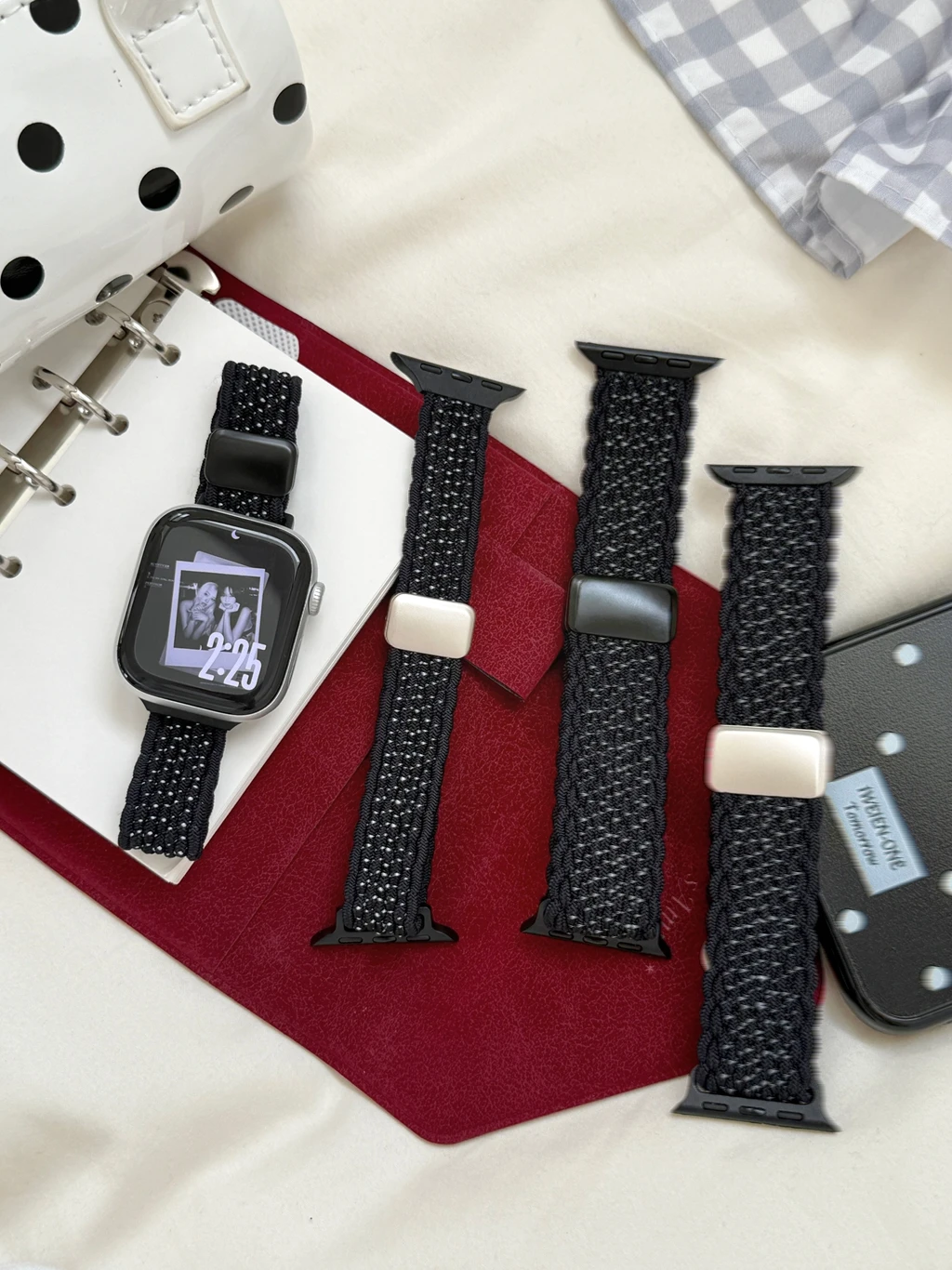 

Fashion Black Twisted Edge Polka Dot Nylon Woman for Apple Watch Band Series 8/7/6/10 40mm 41mm 38mm 42mm 44mm 45mm 46mm Strap