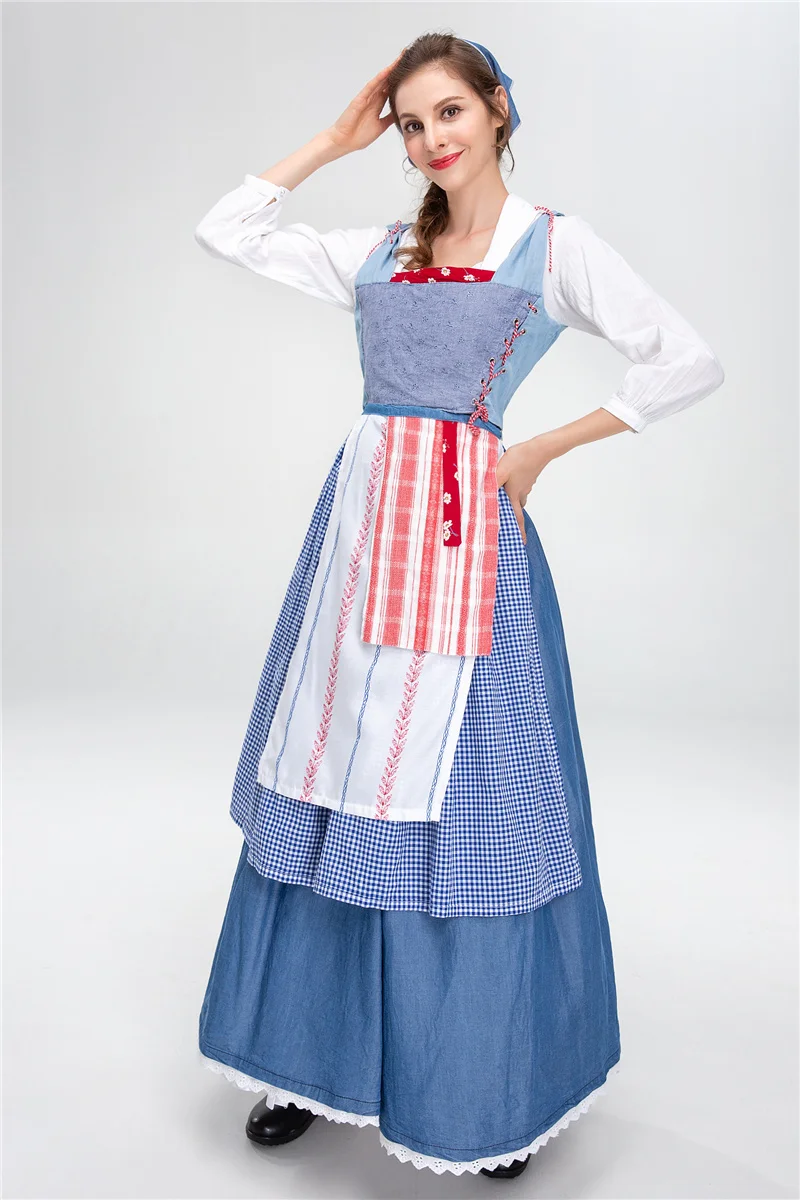 Aldult French Manor Maid Costume Retro Farm Maid Blue Long Dress Outfit Cosplay Women Bavarian Oktoberfest Dirndl Dress Costume