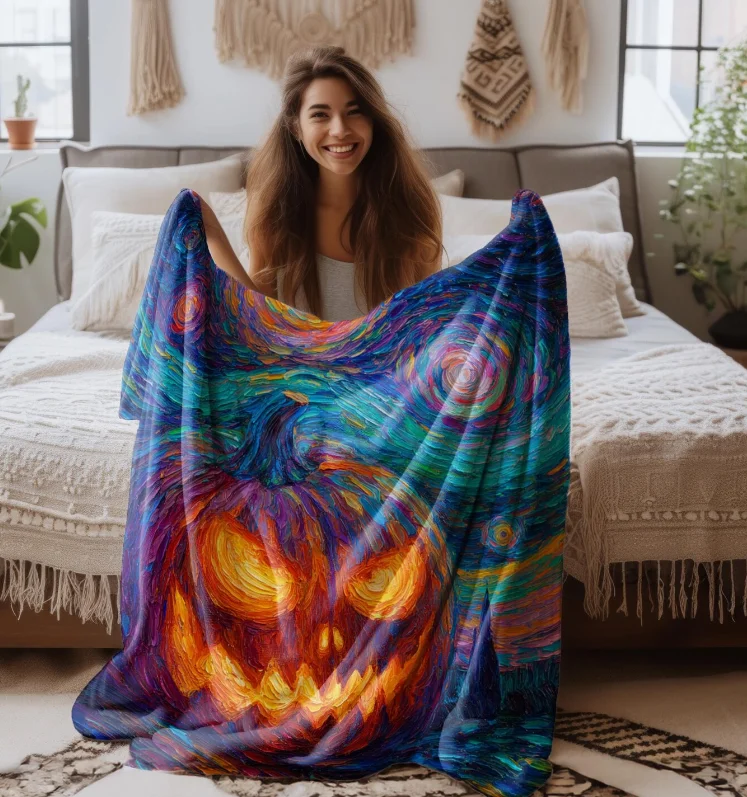 Starry Night Jack-o-Lantern Blanket Halloween Art Throw Spooky Fall Decor Gift Halloween Lovers Halloween Blanket