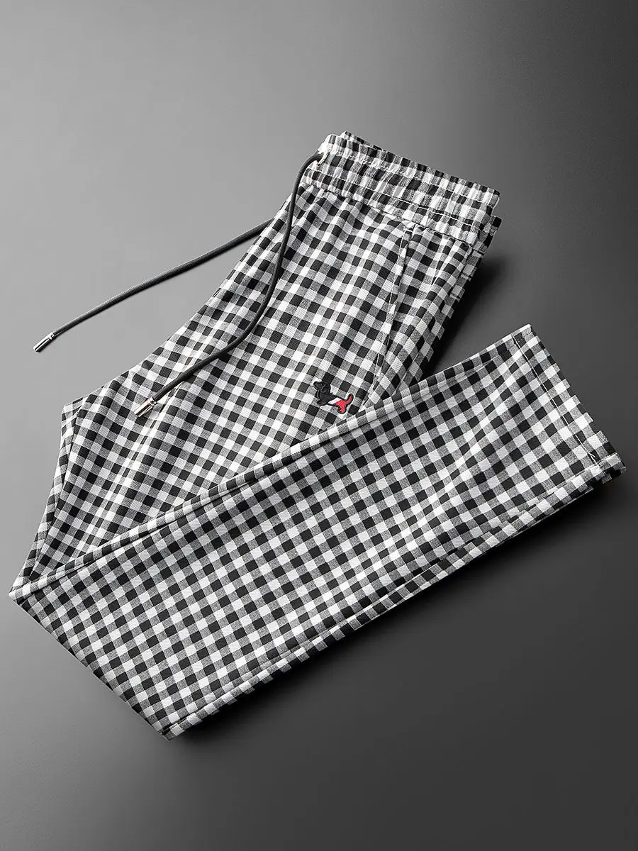 

High-end summer thin trousers men's ruffian handsome plaid casual pants straight slim fashion trendy pants